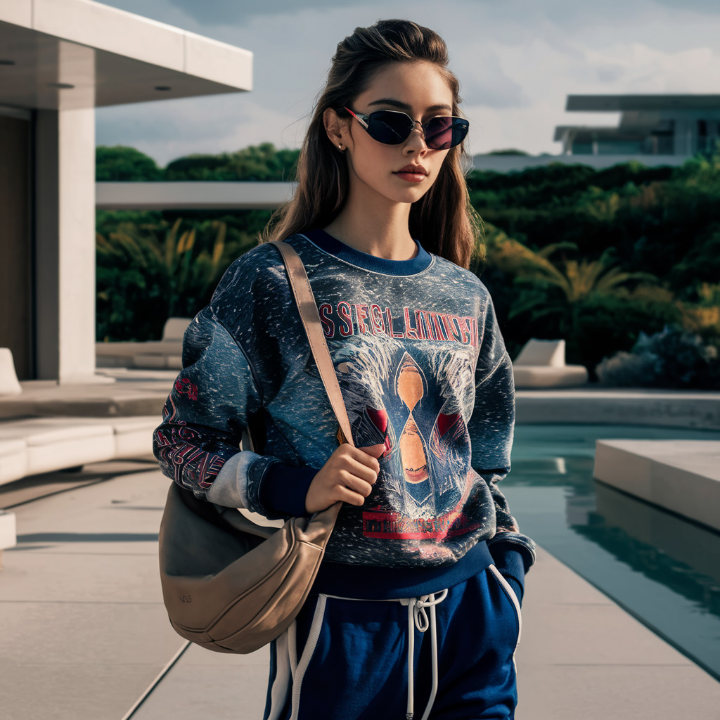 stunning luxury fashion photograph of a woman wearing graphic sweatshirt