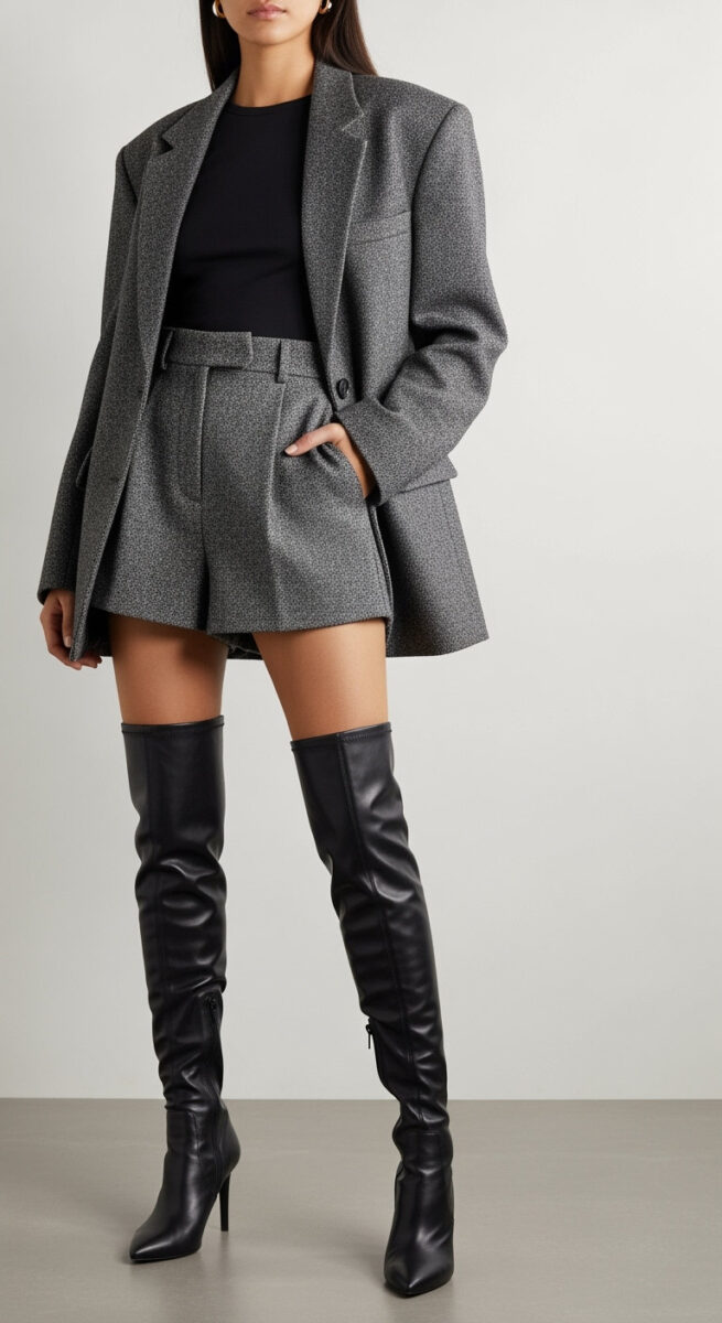 15 Thigh High Boots Outfit Ideas That Actually Work in Real Life 5 Blazer and Shorts Power Move Thigh High Boots Outfit