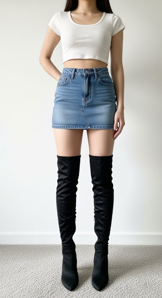 15 Thigh High Boots Outfit Ideas That Actually Work in Real Life 7 Denim Mini and Crop Top- Thigh High Boots Outfit