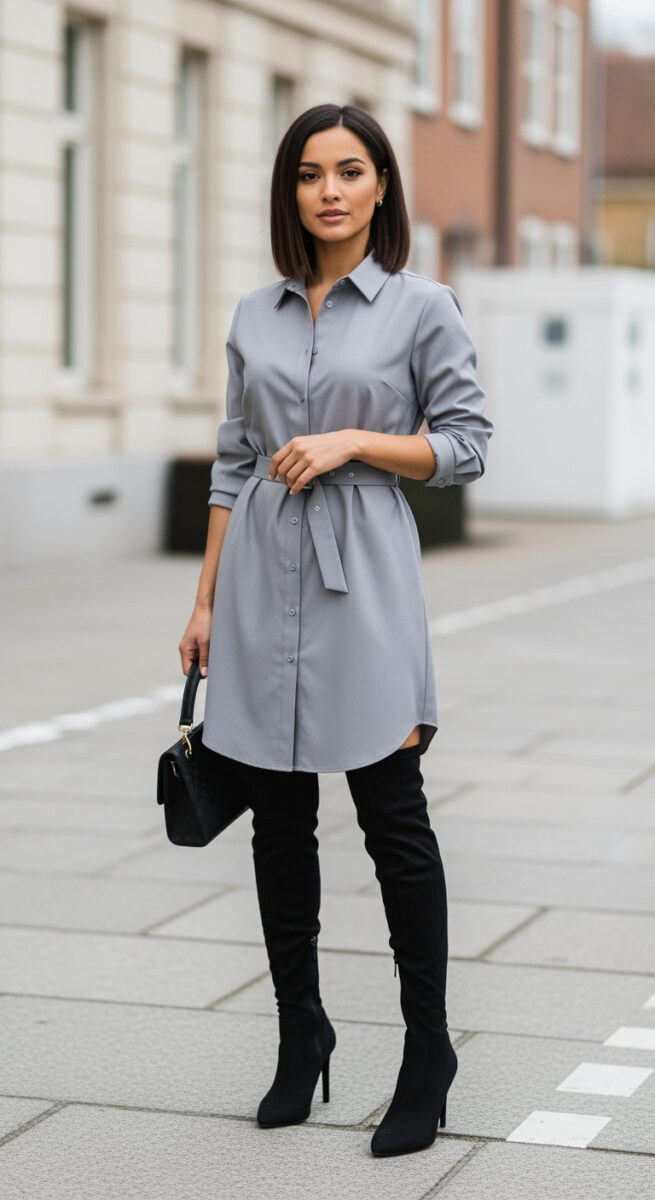 15 Thigh High Boots Outfit Ideas That Actually Work in Real Life 4 The Shirt Dress Classic Thigh High Boots Outfit