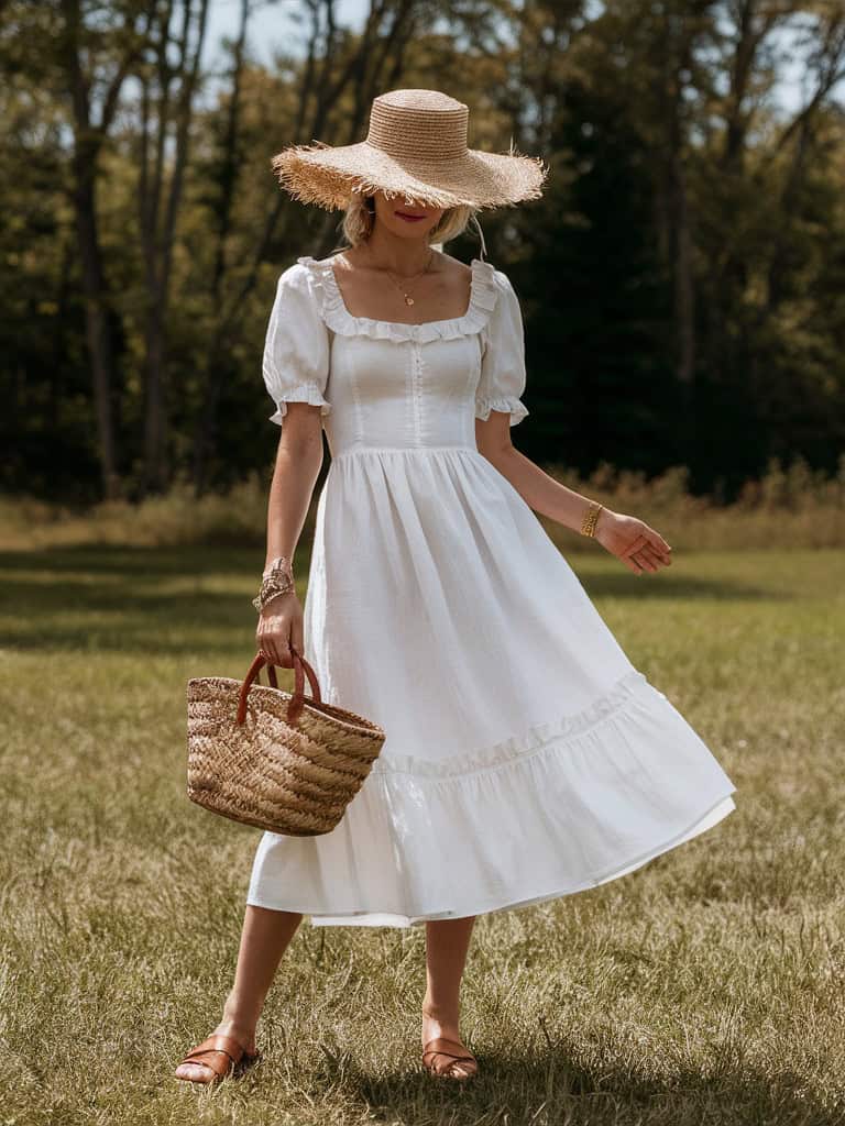 Ruffled Linen Midi Dress & Straw Hat