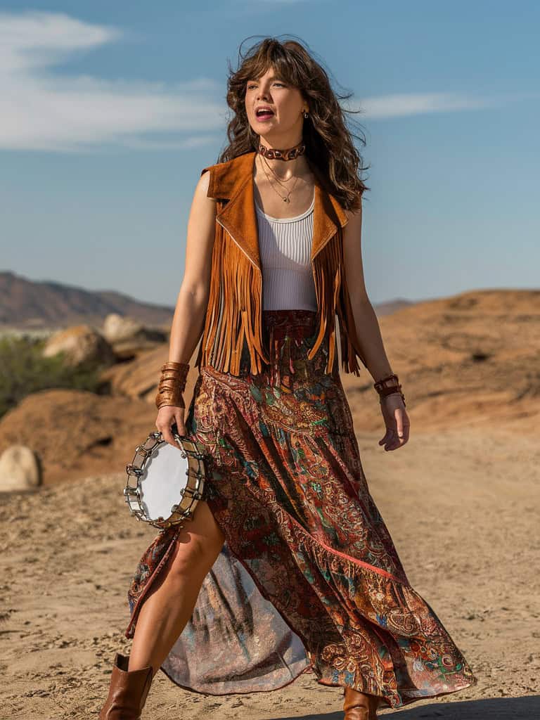 Suede Fringe Vest & Floral Maxi Skirt