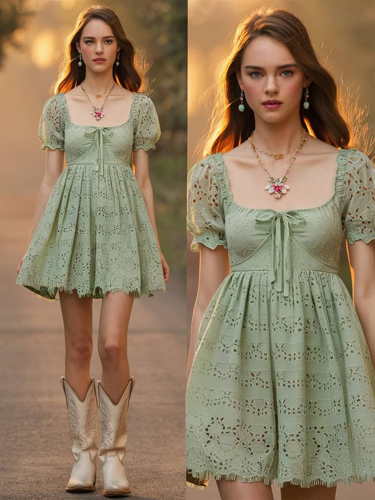 Mint Eyelet Babydoll Dress & Cowboy Boots