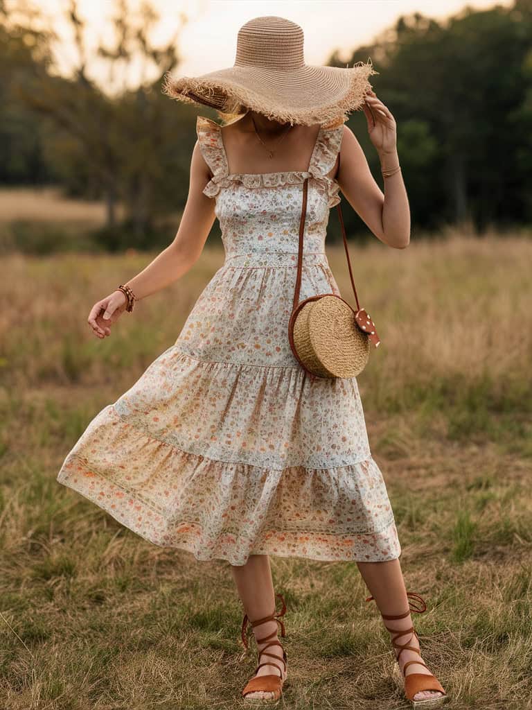 Ruffle Strap Floral Sundress & Straw Bag