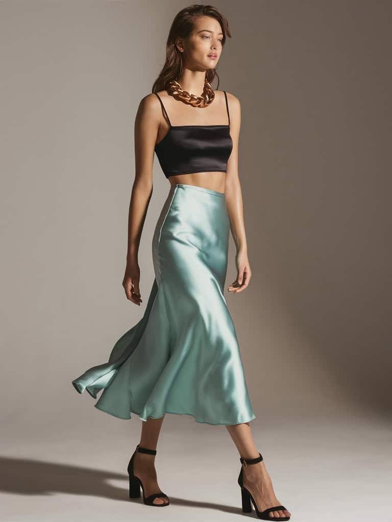 Mint Satin Midi Skirt & Black Crop Top 