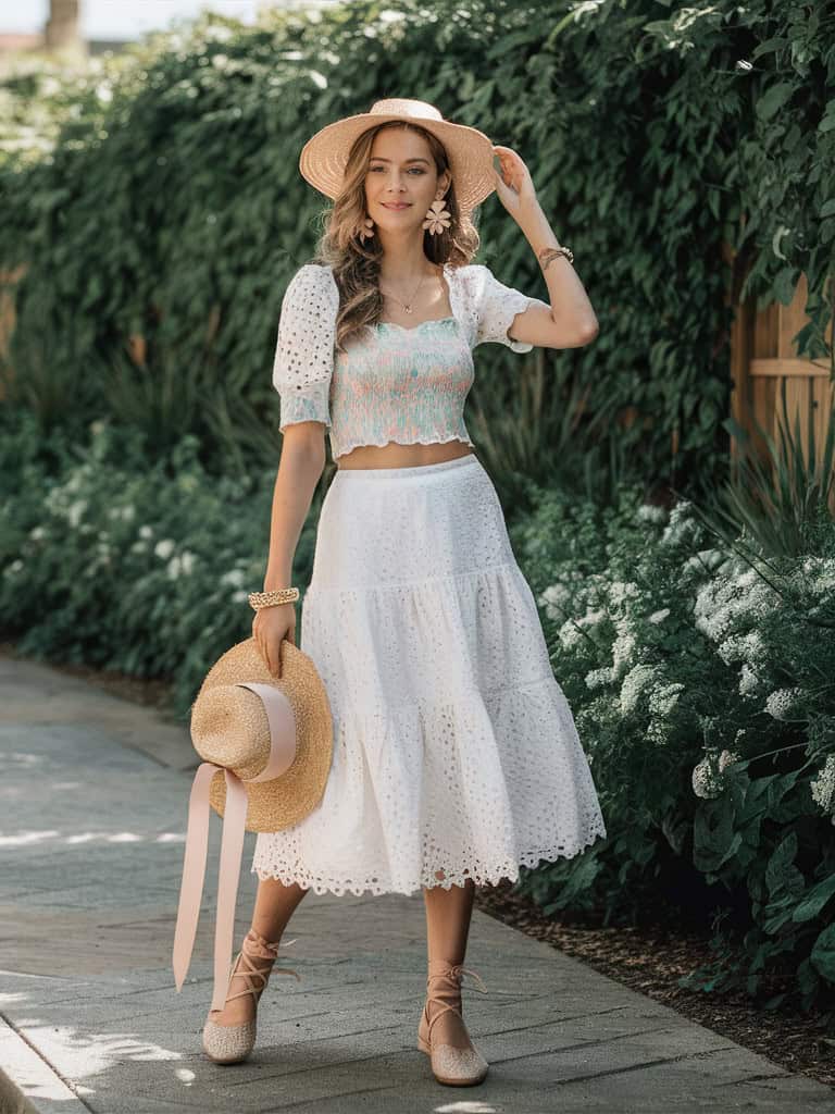 Eyelet Lace Midi Skirt & Smocked Top