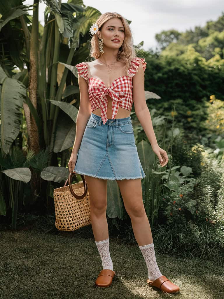Tie-Front Crop Top & A-Line Denim Skirt