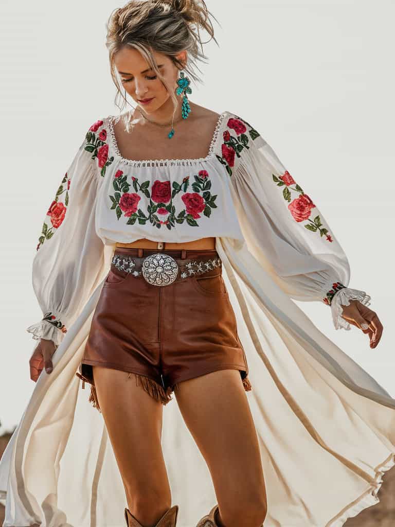 Embroidered Peasant Blouse & Leather Shorts