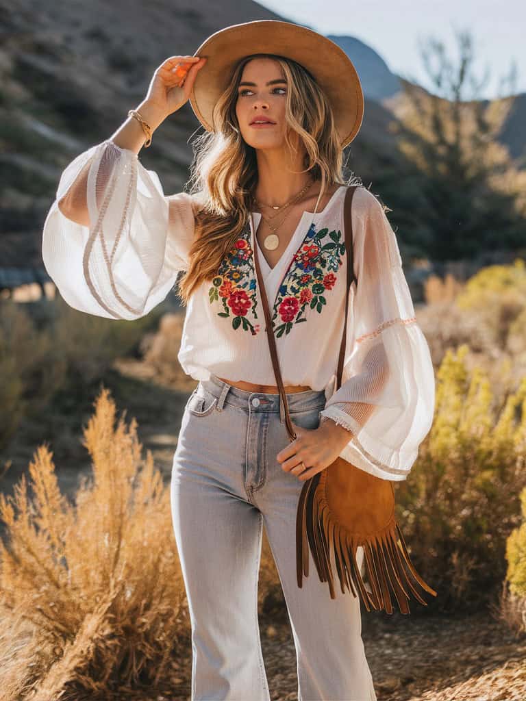 Embroidered Peasant Blouse & High-Waisted Jeans