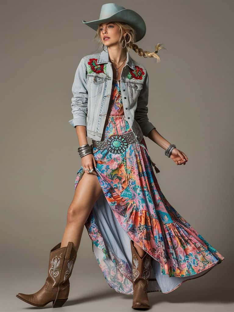 Embroidered Denim Jacket & Floral Maxi Dress
