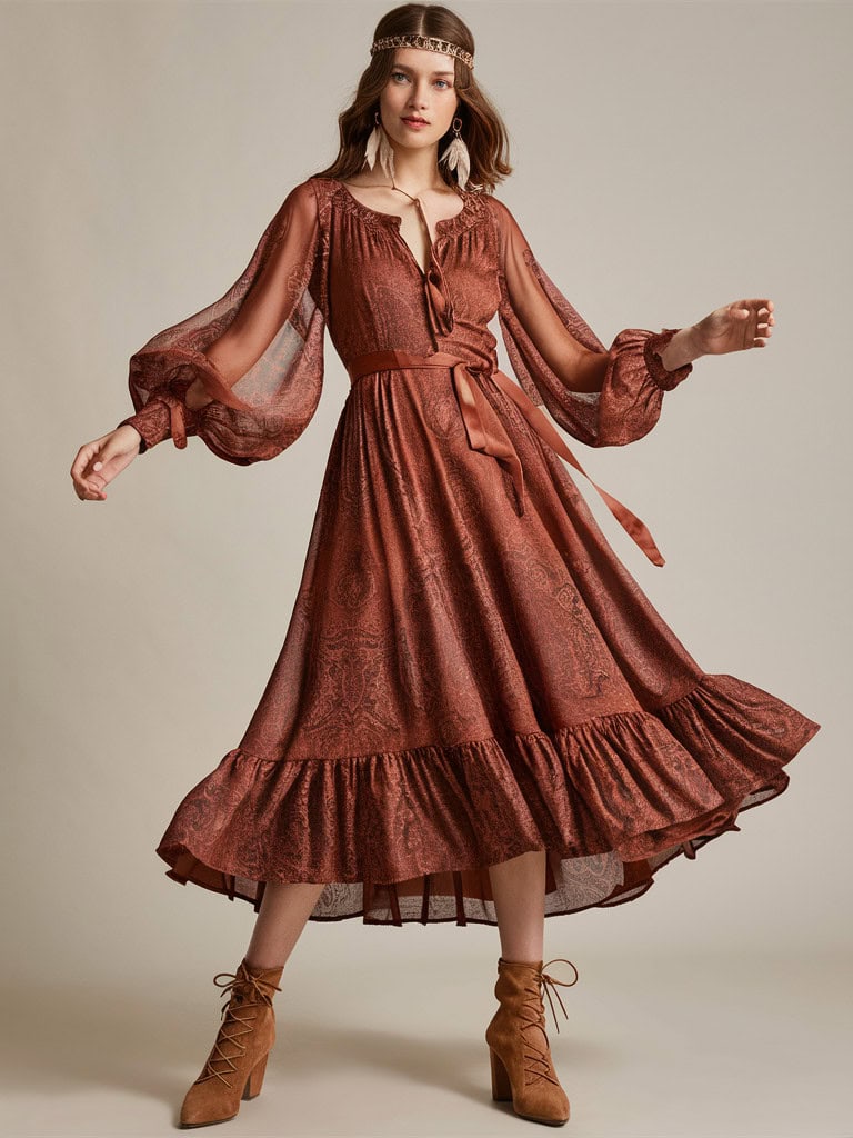 Paisley Print Midi Dress & Lace-Up Boots