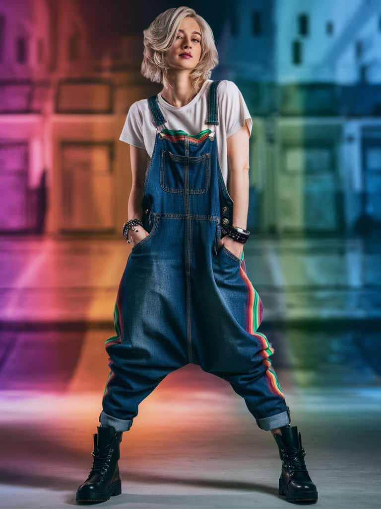Slouchy Rainbow Striped Overalls & Combat Boots
