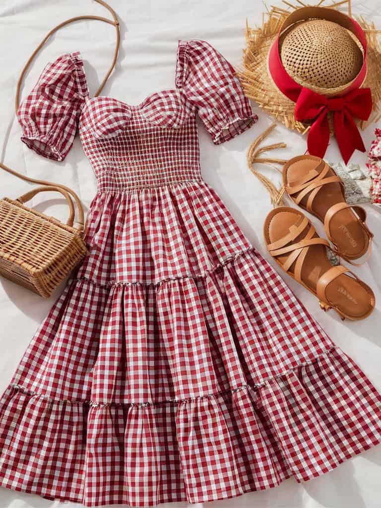 Gingham Smocked Midi Dress & Wicker Purse