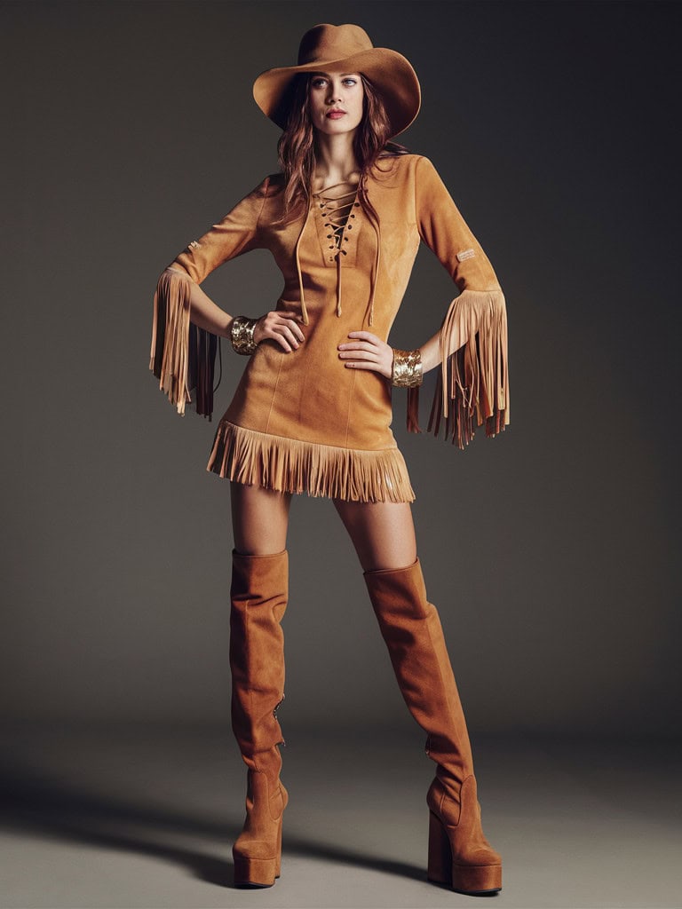 Fringed Suede Minidress & Knee-High Boots