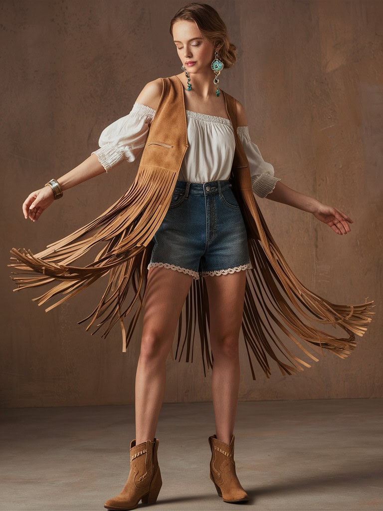 Make a statement in a swingy, camel-colored suede vest with long fringe trim that dances with your every move. Layer it over a crisp white off-the-shoulder peasant top for a pop of boho romance. Tuck it into some high-waisted denim shorts with scalloped lace trim peeking out the bottom for a flirty twist. Slip on some tan ankle booties with whipstitch details and a low, stacked heel for all-day comfort. Add a pair of antique silver and turquoise drop earrings and a matching cuff bracelet for a touch of vintage charm.