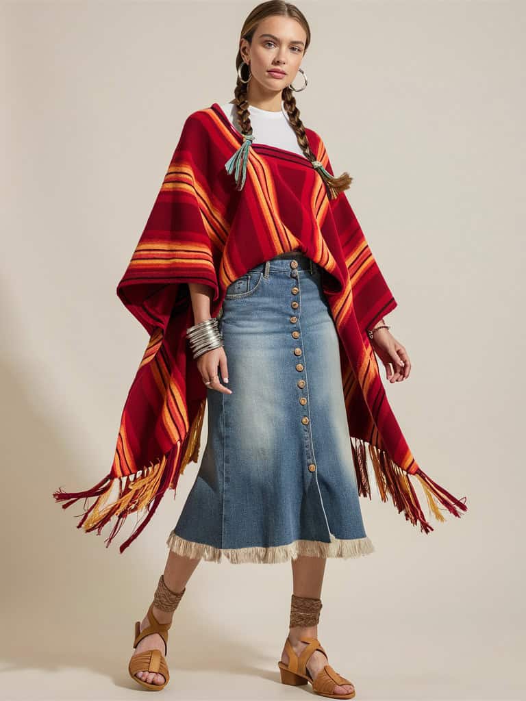 Serape Stripe Poncho & Denim Midi Skirt
