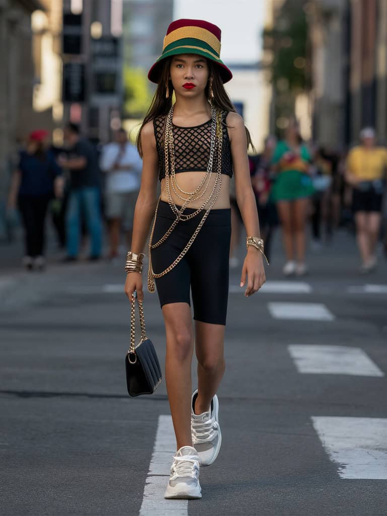 Rasta Bucket Hat, Mesh Marina Top & Biker Shorts