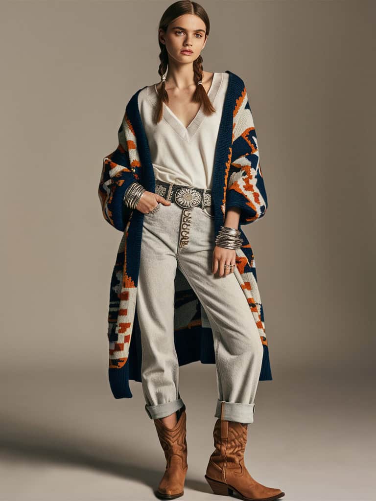 Aztec Print Cardigan & High-Waisted Jeans 