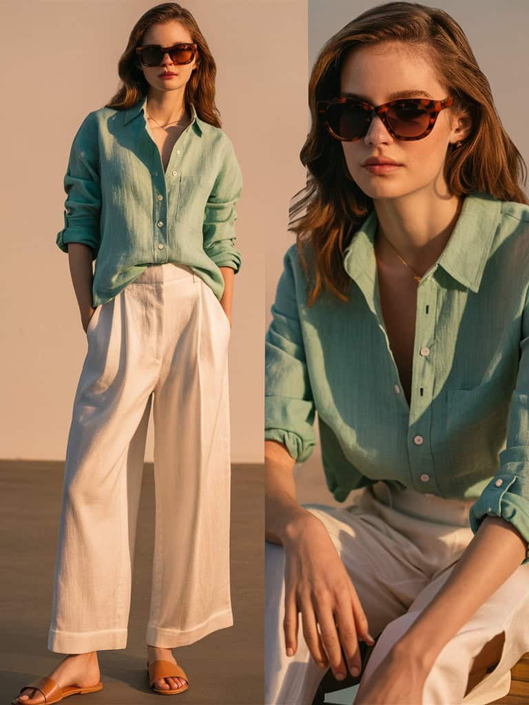 Mint Linen Button Down & White Wide Leg Pants
