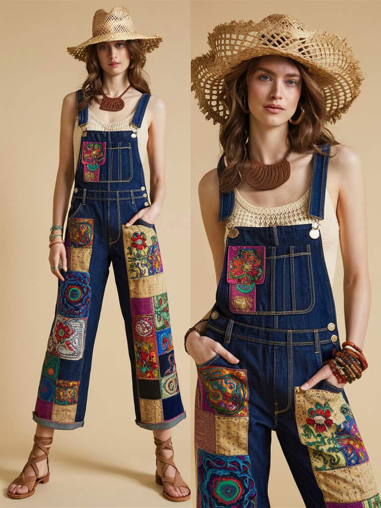Patchwork Denim Overalls & Crochet Top