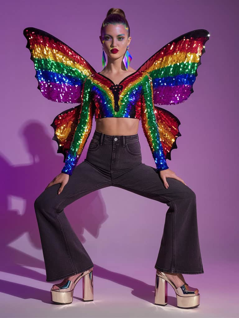 Rainbow Sequin Butterfly Top & Flared Jeans