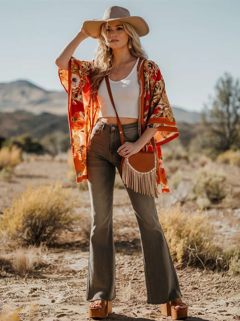 Printed Kimono & Flared Jeans