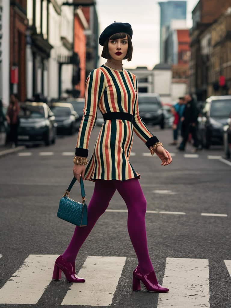 Striped Mini Dress, Opaque Tights, & Mary Janes