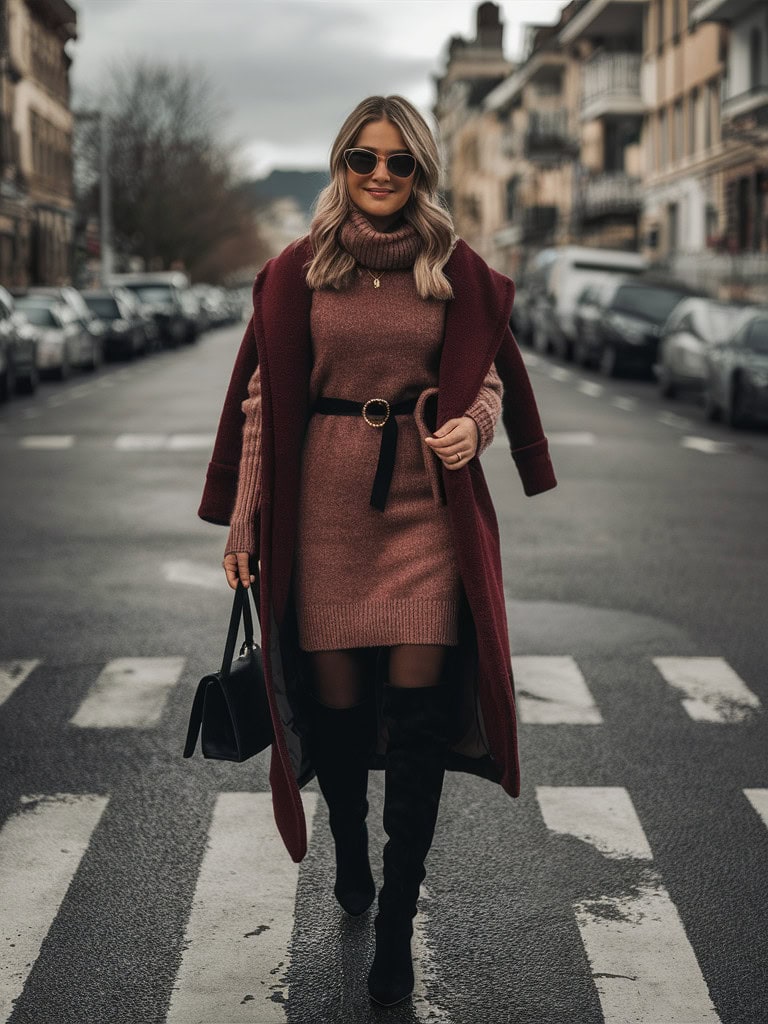 Sweater Dress, Tights, and Knee-High Boots