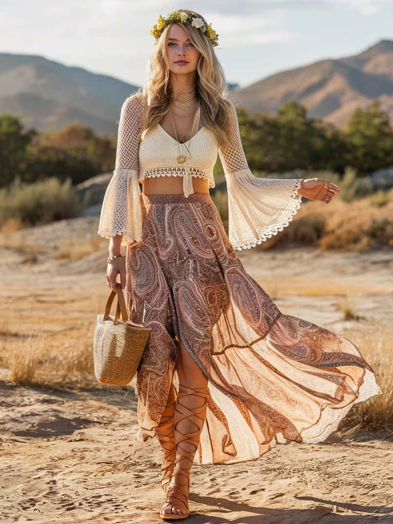 Paisley Print Maxi Skirt, Crochet Top & Gladiator Sandals