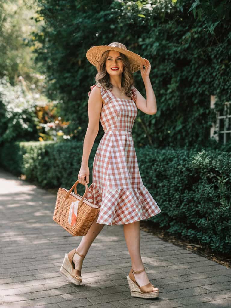 Gingham Sundress & Espadrille Wedges