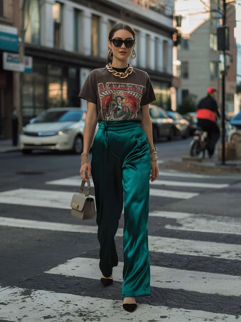 Satin Trousers, Graphic Tee, and Mules