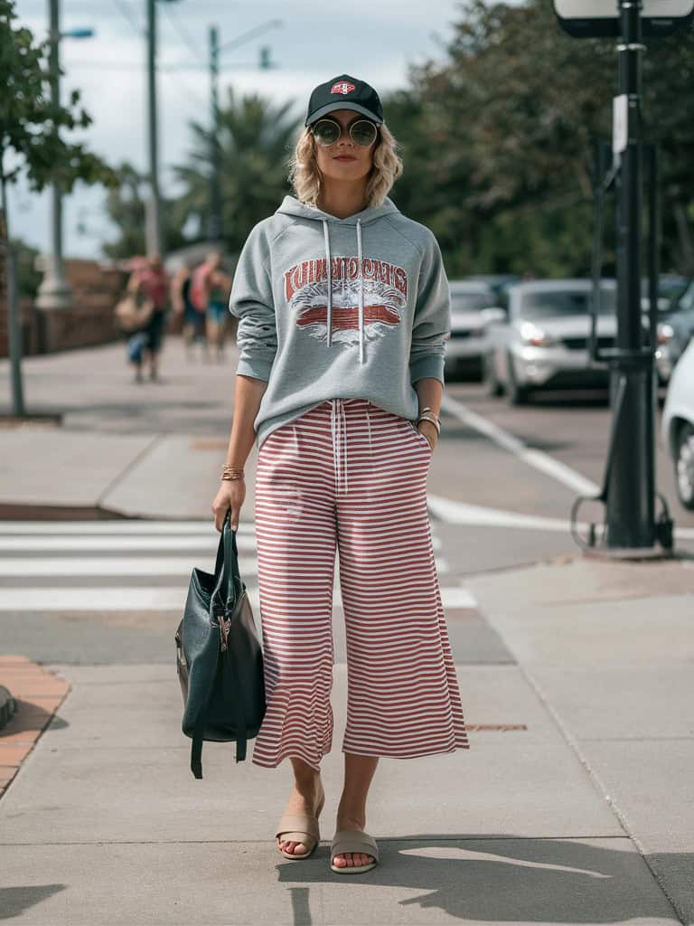 Culottes, Graphic Sweatshirt, and Slides