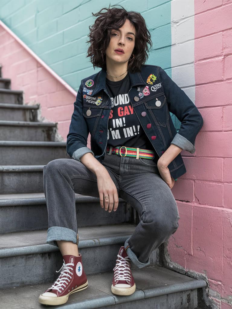 Embroidered Denim Jacket, Graphic Tee & Cuffed Jeans