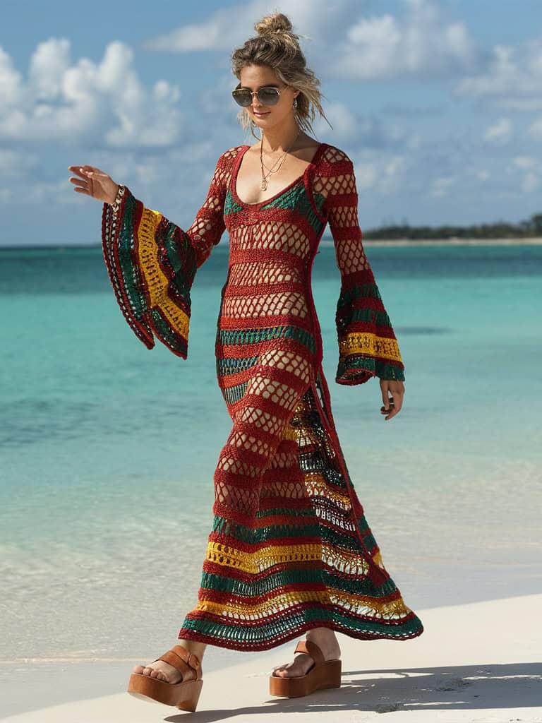 Crochet Rasta Net Maxi Dress with Bell Sleeves