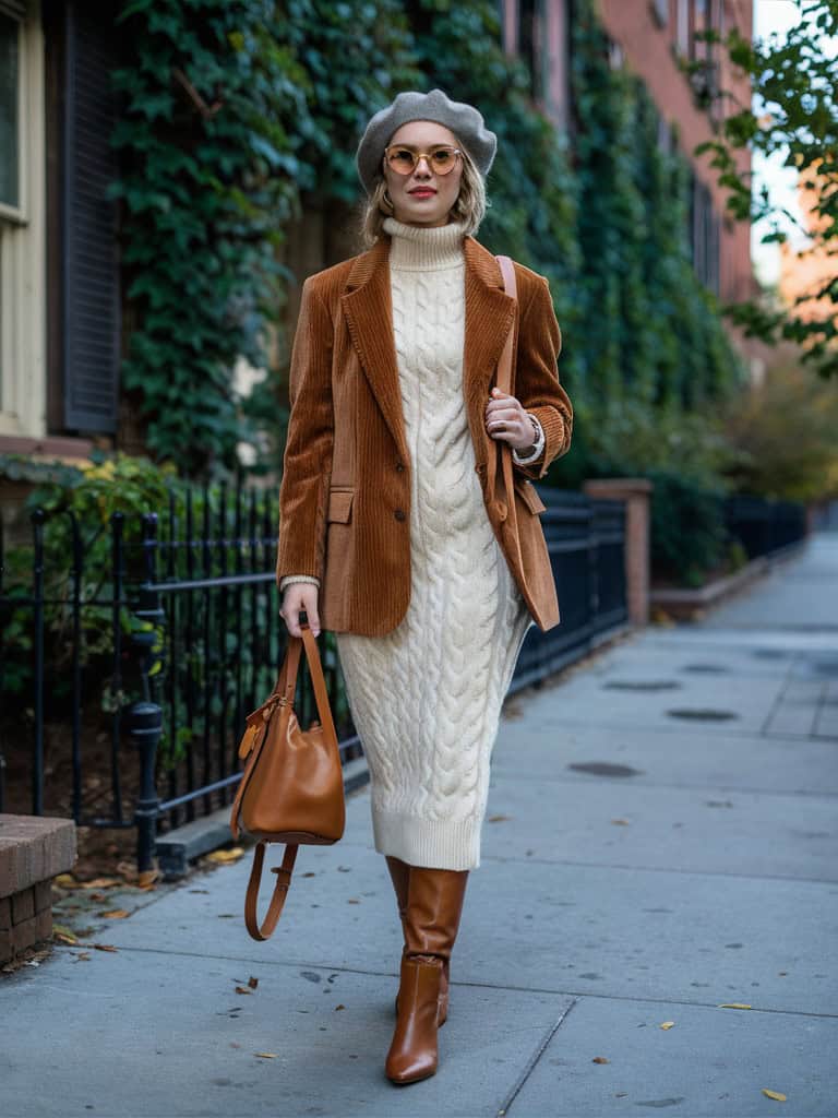 Corduroy Blazer & Turtleneck Sweater Dress