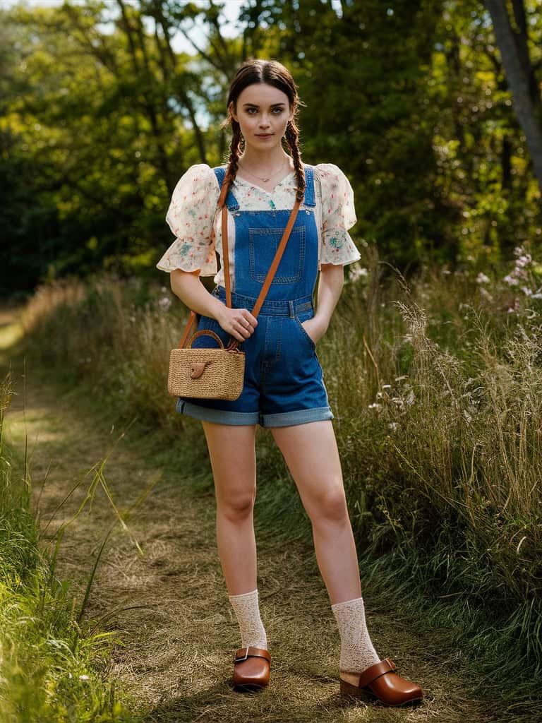 Floral Puff Sleeve Blouse & Denim Overalls