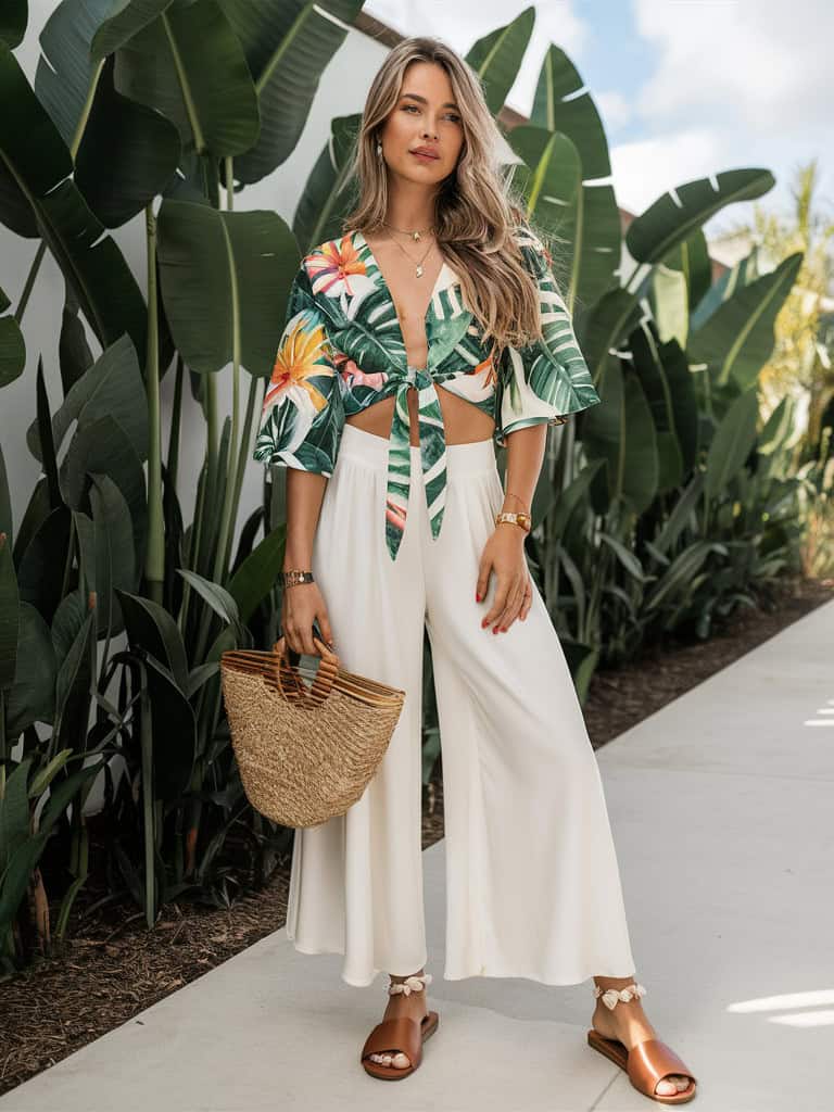Tie-Front Tropical Crop Top & Wide Leg Pants