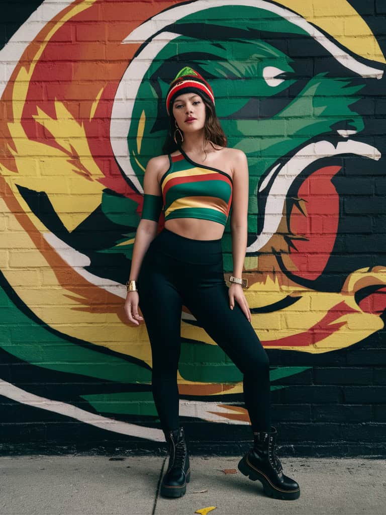One-Shoulder Rasta Stripe Crop Top & High-Waist Leggings