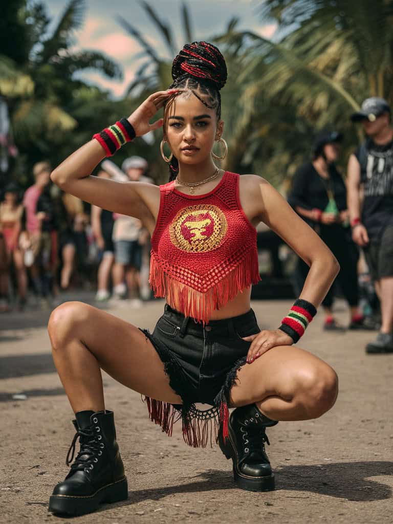 Reggae Festival Fringe Crop Top & Distressed Shorts