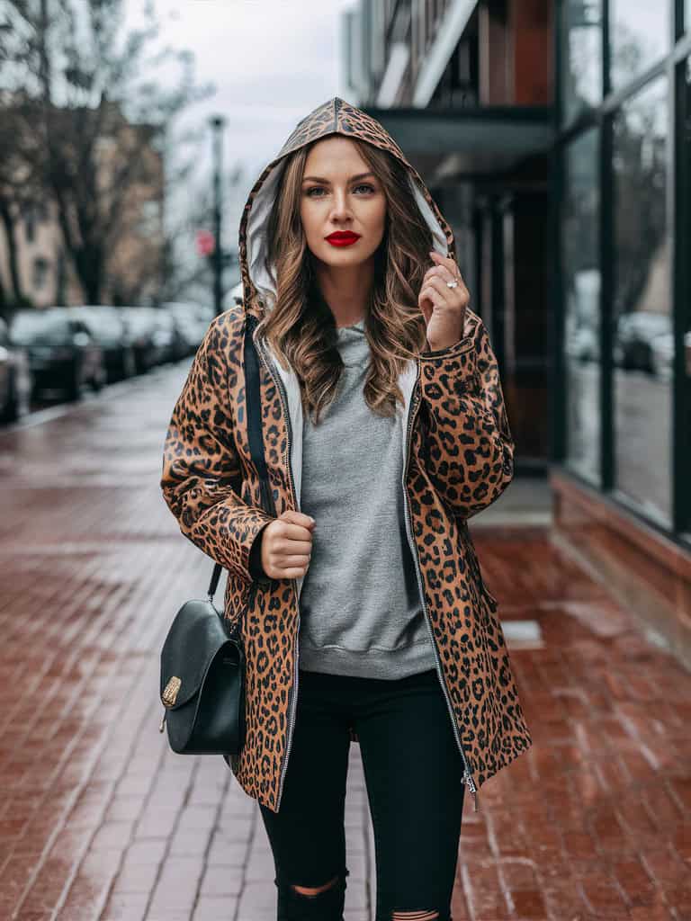 Leopard Print Rain Jacket & Red Lip