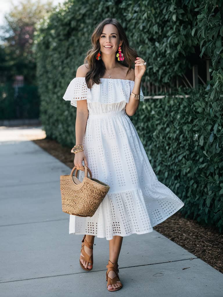 Let's kick things off with a summer staple: the white dress. Trust me, this piece is going to be your best friend all season long.

Start with a flowy, midi-length white dress. I'm talking about something in a light, breathable fabric like cotton or linen. Look for cute details like eyelet patterns, off-the-shoulder necklines, or maybe some subtle ruffles.

Now, here's where you can have some fun with accessories. Add a pop of color with some statement earrings - think bright tassel earrings or some fun beaded ones. Slip on some strappy sandals (tan leather ones are always a safe bet), and don't forget a cute straw bag to complete the look.

This outfit is perfect for everything from brunch with the girls to a casual summer wedding. Plus, you'll look like you just stepped off a Greek island, even if you're just headed to the grocery store!