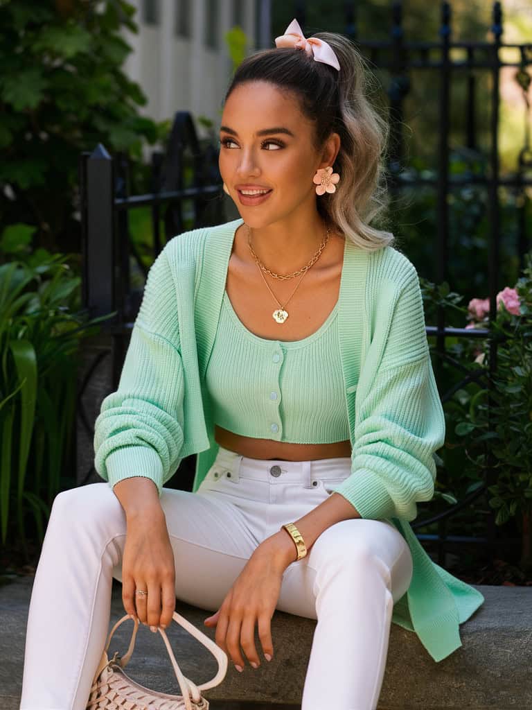 Mint Cropped Cardigan Set & White Jeans 