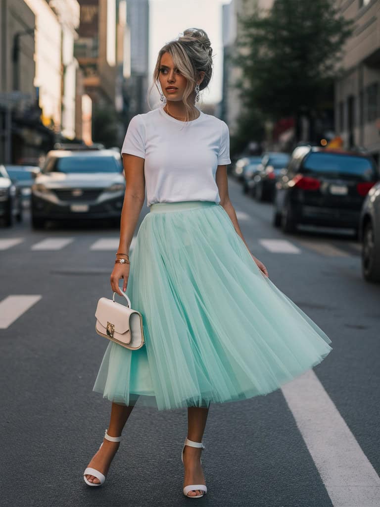 Mint Green Tulle Midi Skirt & Fitted Tee