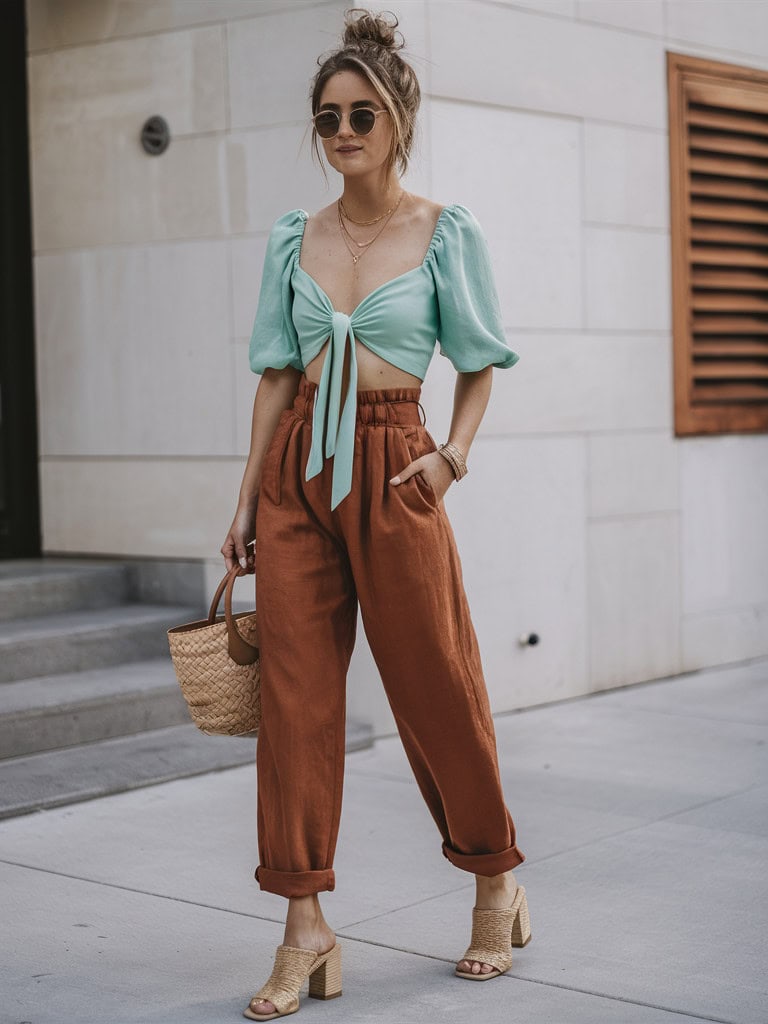 Mint Tie Front Crop Top & High Waisted Trousers