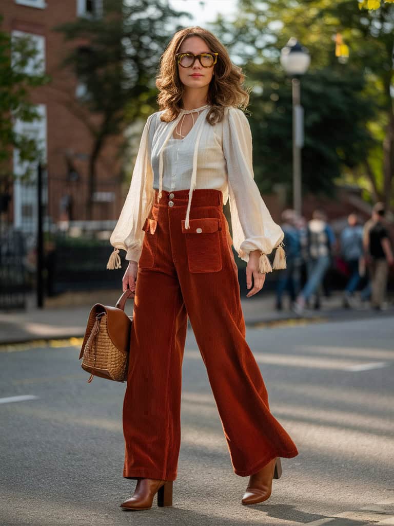 Wide-Leg Corduroy Pants & Peasant Blouse