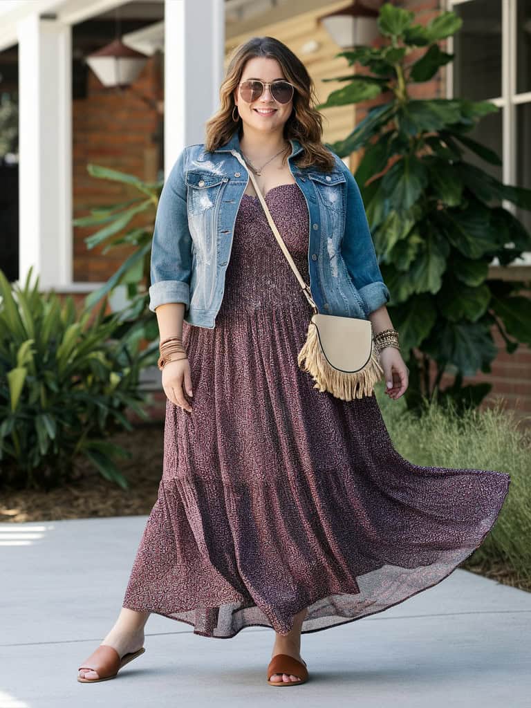 Flowy Maxi Dress, Denim Jacket & Slide Sandals