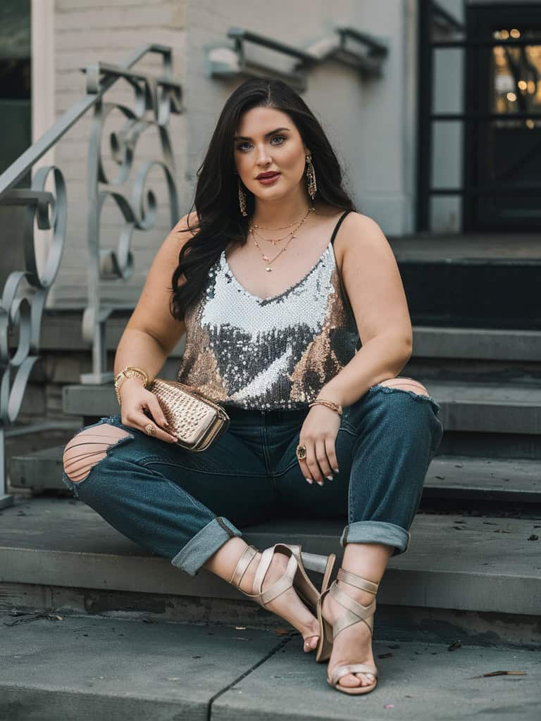 Sequin Tank, Boyfriend Jeans & Strappy Sandals