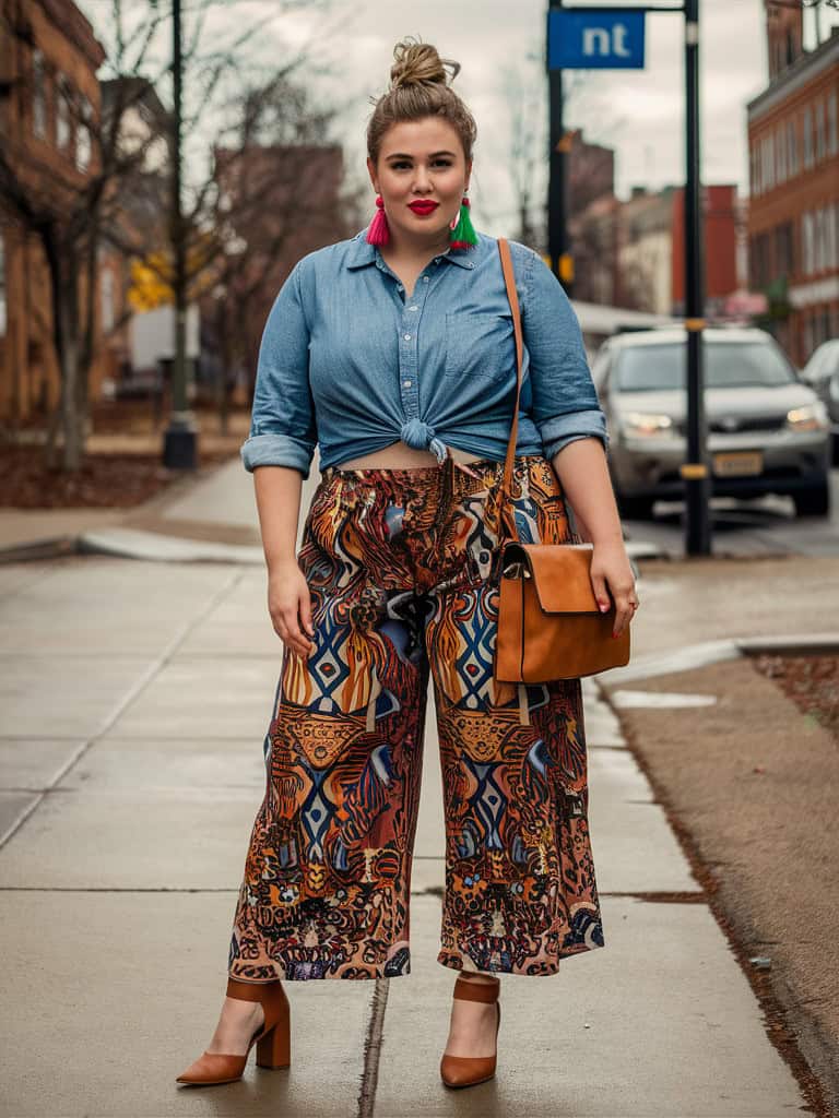 Chambray Shirt, Printed Pants & Block Heels