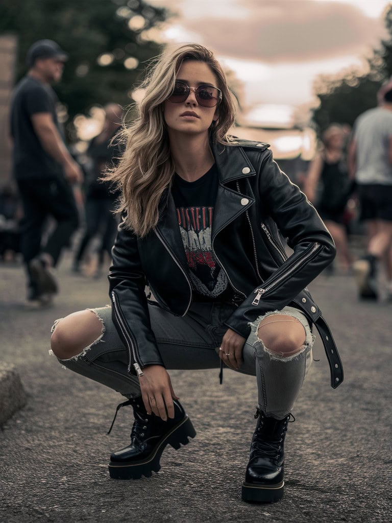 Leather Moto Jacket & Distressed Jeans