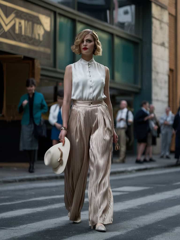 high-waisted, pleated style in a lightweight fabric like linen or silk
